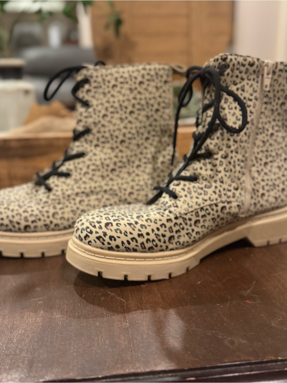 Leopard Print Combat Boots - Women's Beige Ankle Boots size 6
